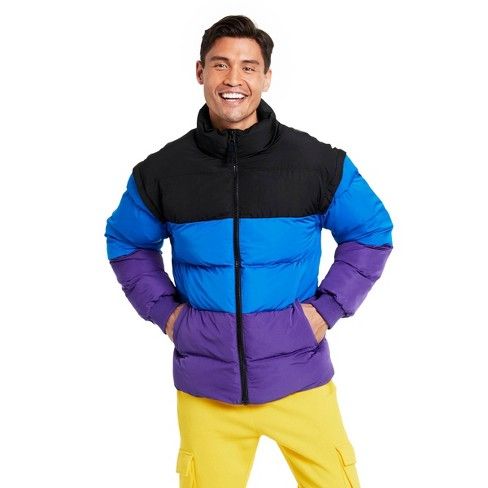 Photo 1 of Men's Color Block Puffer Jacket - LEGO® Collection x Target Black/Blue/Purple SIZE MEDIUM
