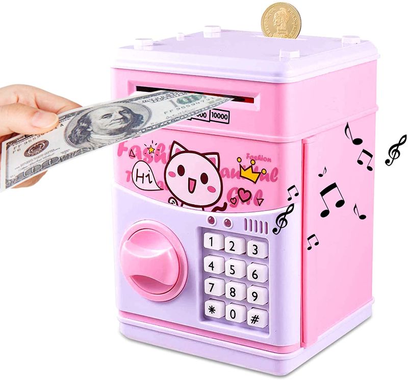 Photo 1 of JUNEU Electronic Piggy Bank for Kids, Money Bank with Password Cute ATM Piggy Bank Coin Can, Auto Scroll Paper Money Saving Box, Great Toy Gift for Girls Boys Children
