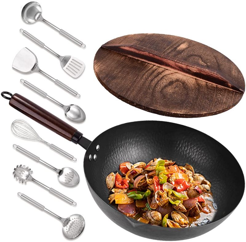 Photo 1 of 12.6"Carbon Steel Wok - 11Pcs Woks and Stir Fry Pans with Wooden Handle and Lid,8 Cookware Accessories,For Electric,Induction and Gas Stoves
