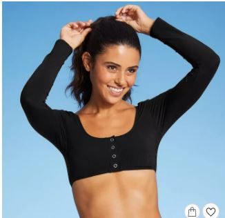 Photo 1 of Juniors' Ribbed Button-Front Long Sleeve Bikini Top - Xhilaration™ Black--size medium
