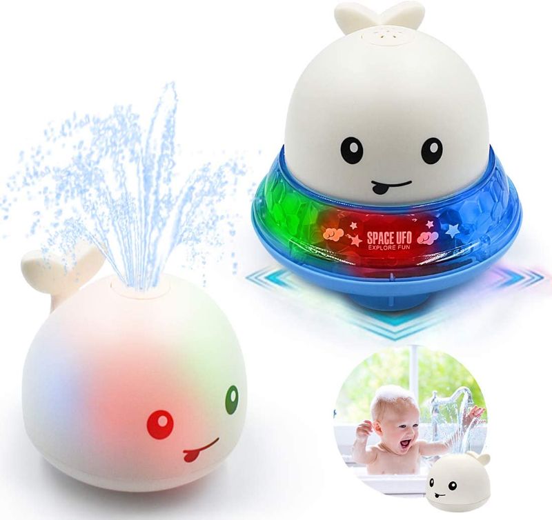 Photo 1 of Aerbee Bath Toys for Kids, Automatic Spray Water Whale Baby Bathtub Water Toys, 2 in 1 Space UFO Car with Light Up Music, Fountain Toy for Infant Early Walk Crawling Whale Car Toy Set
