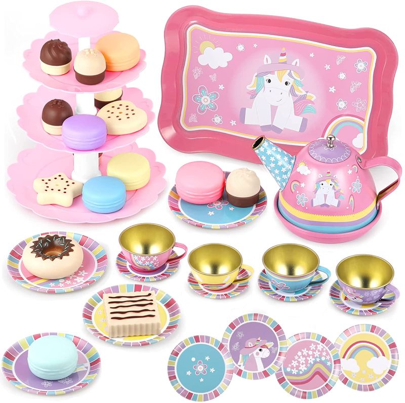 Photo 1 of GAGAKU Unicorn Kids Toy Tea Set for Little Girls with Dessert Tower Tin Pot 31 Pcs Cute Tea Party Supplies Pretend Kitchen Playing Toy - Pink
