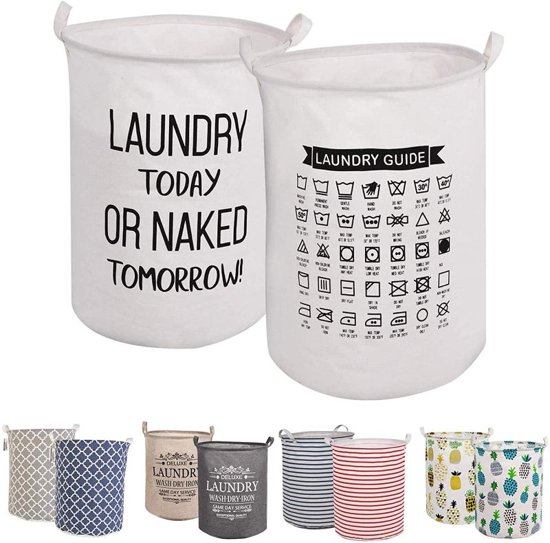 Photo 1 of LessMo 2Pcs 19.7" Laundry Hamper, Collapsible Laundry Basket with Easy Carry Handles, Waterproof Round Cotton Linen, for Baby, Toys, Nursery, Bedroom Storage Hamper

