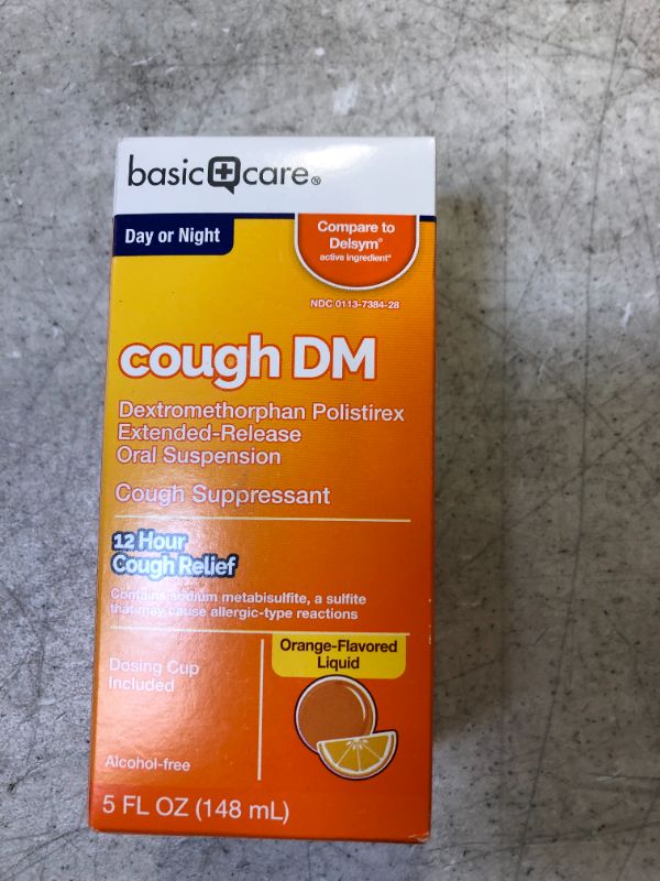 Photo 1 of Amazon Basic Care 12 Hour Cough DM, Dextromethorphan Polistirex Extended-Release Oral Suspension, Cough Suppressant, 12 Hour Cough Relief, Orange Flavor, 5 Fluid Ounces
