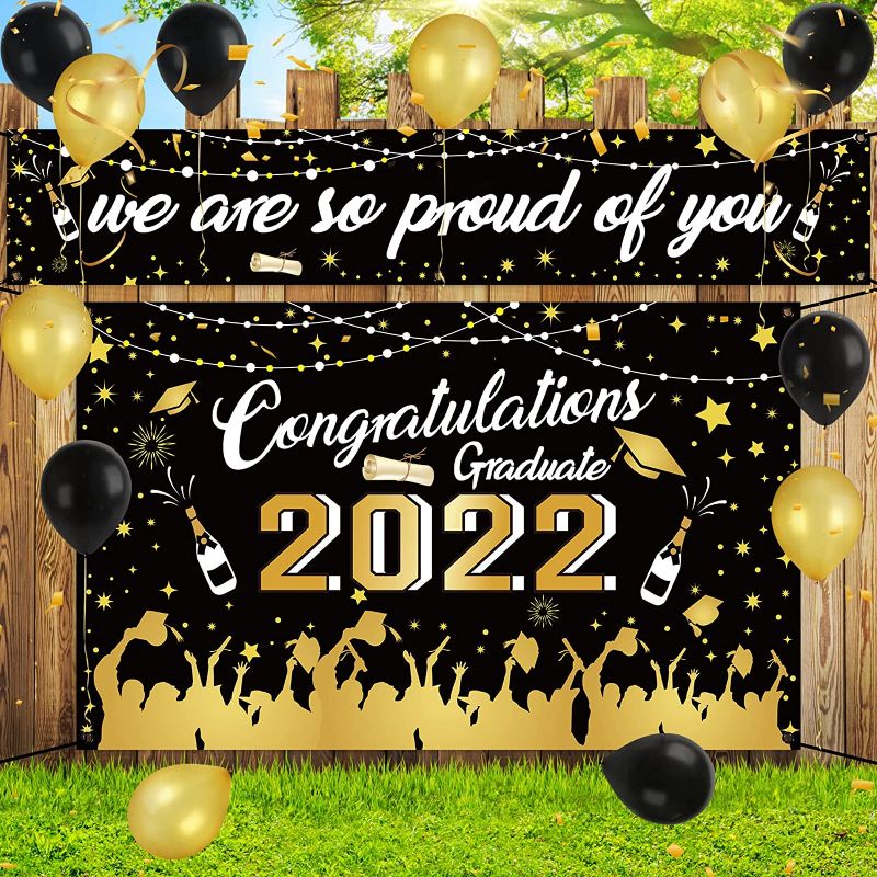 Photo 1 of 2022 Graduation Decorations 2 Pack Graduation Banners with 12PCS Balloons, Large Fabric Graduation Party Supplies Backdrop, Congrats Grad Banners 2022 Indoor & Outdoor Graduation Party Decorations
