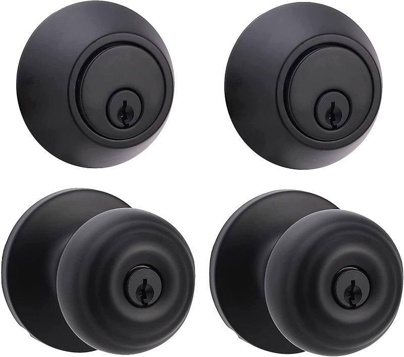 Photo 1 of Amazon Basics Exterior Door Knob With Lock and Deadbolt, Classic, Matte Black
