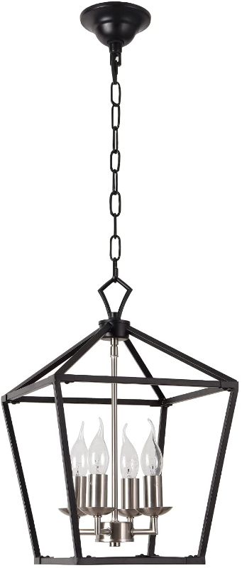 Photo 1 of A/N 4-Light Black Lantern Pendant Light, Adjustable Height Square Cage Pendant Hanging Lighting Fixture 12 inch Rustic Lantern Chandelier for Dinning Room Kitchen Island Foyer