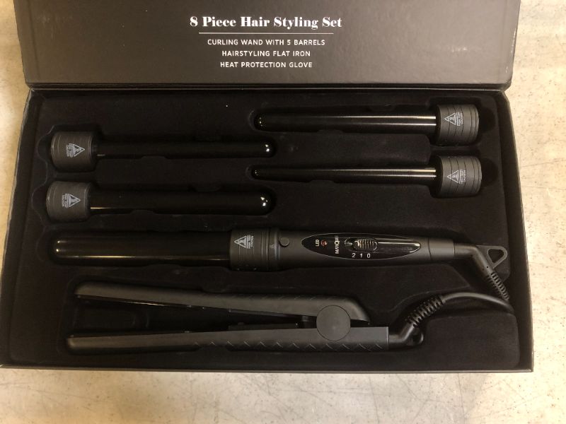 Photo 2 of Marquee Beauty Professional Salon 8 Piece Flat And Curling Iron Set, 5 Interchangeable Ceramic Tourmaline Barrels, Heat Protectant Glove (Black)