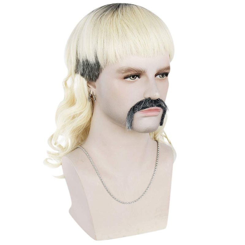 Photo 1 of Anogol Wig + { 1 Chain + 8 Earrings + 1 Mustache } Shoulder Length Wavy Wig for Men Blonde Ombre Black Wig for 80s Rocker Cosplay Wig