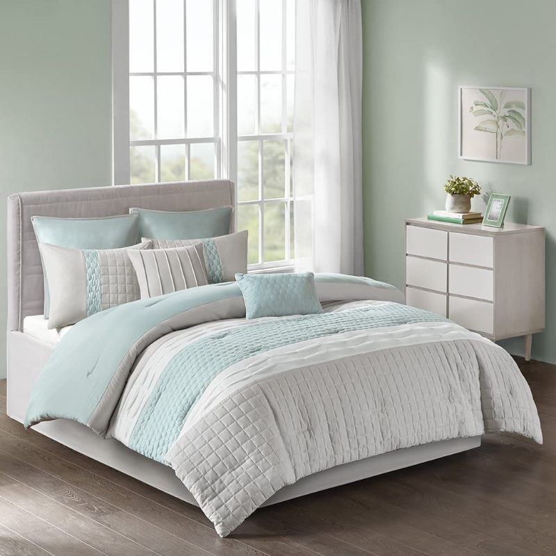 Photo 1 of 510 DESIGN Tinsley 8 Piece Ultra Soft Quilted Comforter Set Bedding, Queen Size, Seafoam/Grey
