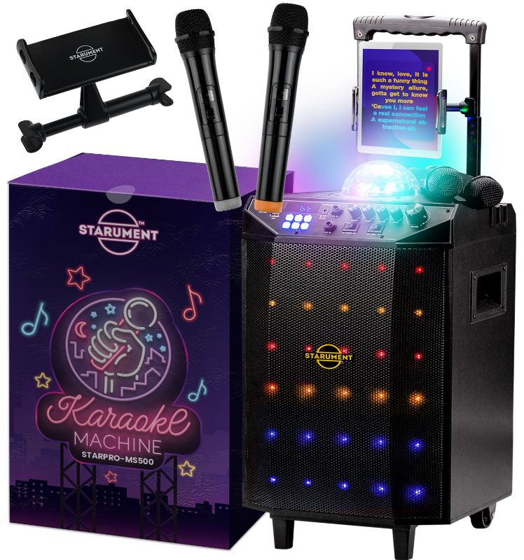 Photo 1 of Starument Karaoke Machine for Adults and Kids Wireless Bluetooth Speaker System with USB AUX & Microphone Input LED Light, Disco Ball, Wheels & 35mm Speaker Stand Mount High Power, Loud Clear Sound