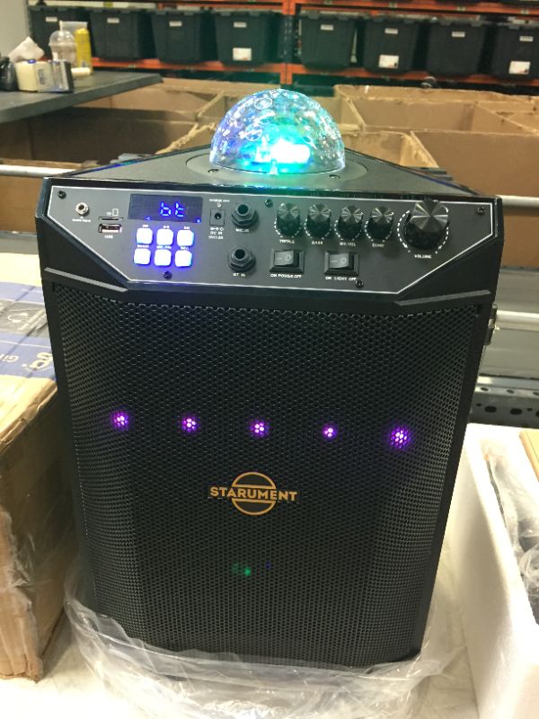 Photo 2 of Starument Karaoke Machine for Adults and Kids Wireless Bluetooth Speaker System with USB AUX & Microphone Input LED Light, Disco Ball, Wheels & 35mm Speaker Stand Mount High Power, Loud Clear Sound