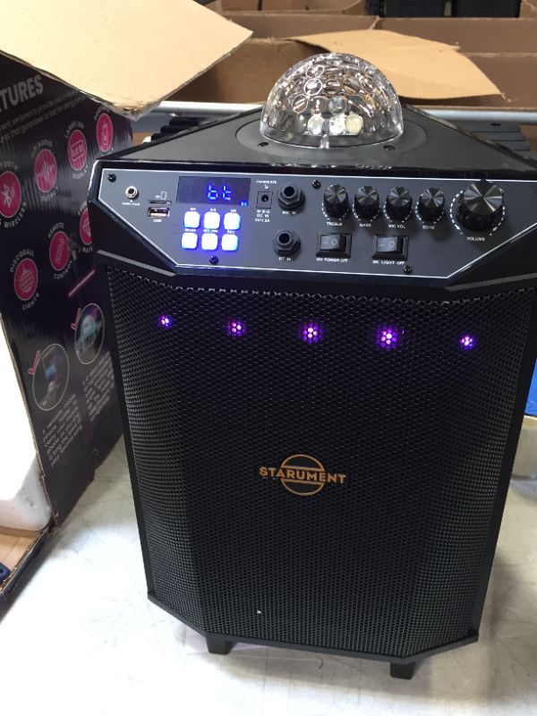 Photo 2 of Starument Portable Karaoke Machine for Adults & Kids Complete Karaoke System Includes Bluetooth Speakers on Wheels, 2 Bluetooth Microphones, Disco Ball, LED Speaker Light, Cell Phone Stand & USB Aux