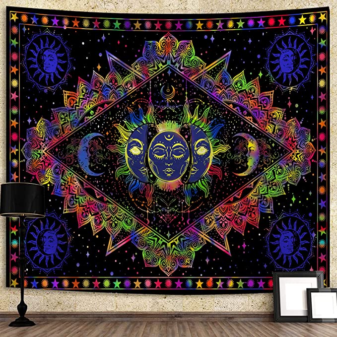 Photo 1 of A-forest Wall Tapestry, Moon and Sun Tapestry Wall Hanging Tapestry Purple Aesthetic Tapestries Trippy Wall Hanging Decor for Bedroom, Living room, 60 X 50 inches (sun and moon)