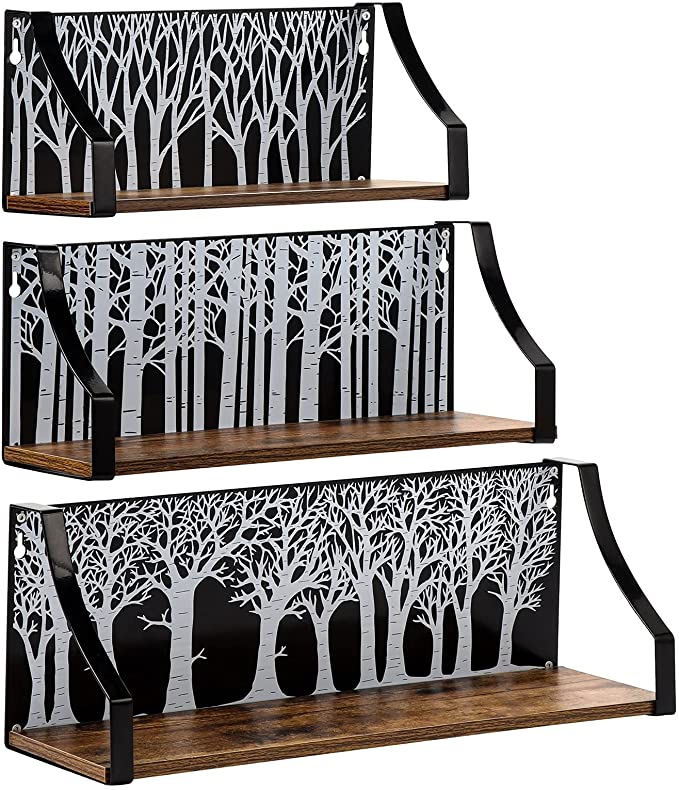 Photo 1 of Calenzana Small Wall Mounted Floating Shelves with Tree Decor, Set of 3 Rustic Wooden Iron Wall Shelf for Living Room Bathroom Bedroom Kitchen, Black