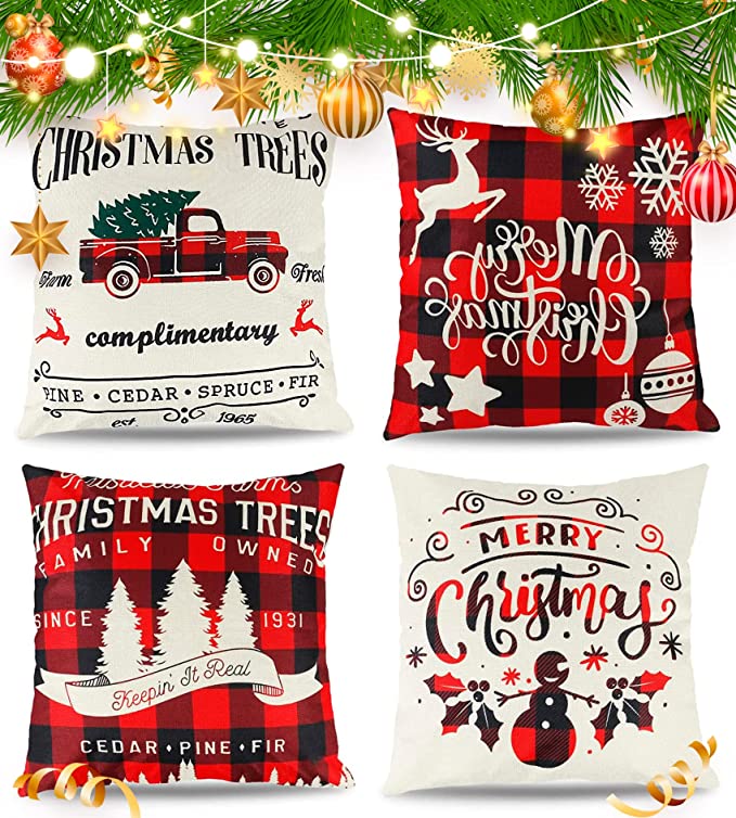 Photo 1 of Christmas Throw Pillow Cover Decorations, Holiday Xmas 18" X 18" Decorative Case Cushion Winter Covers Sofa Couch Indoor Outdoor Cotton Linen Pillowcase with Zipper Home Festival Party Red Tree Elk