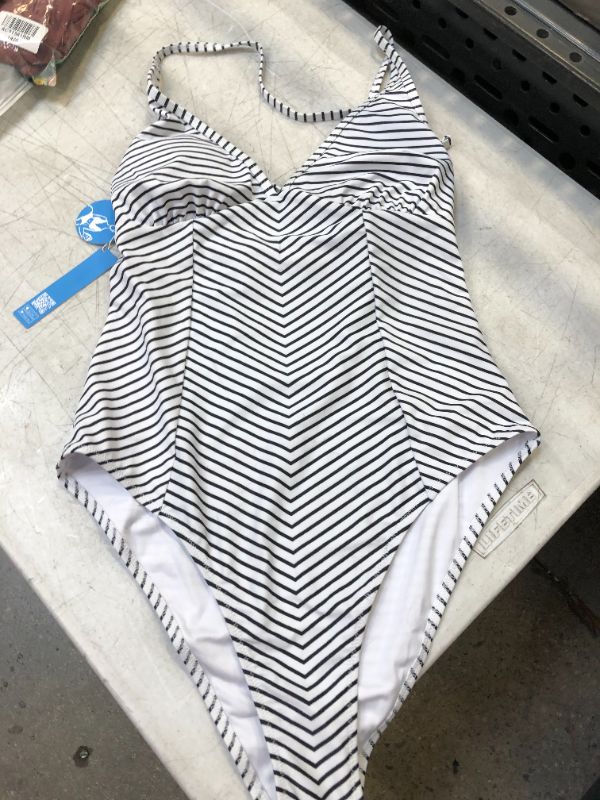 Photo 3 of Black And White Stripe V-Neck One Piece Swimsuit Size M