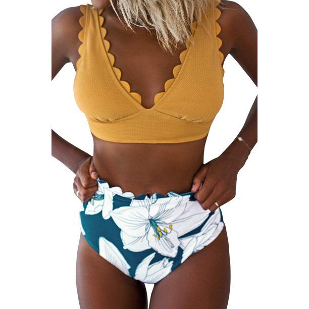 Photo 1 of Cupshe Women's Yellow Top Floral Print High Waisted Two Piece Bikini Set V Neck Scalloped Hem Size S