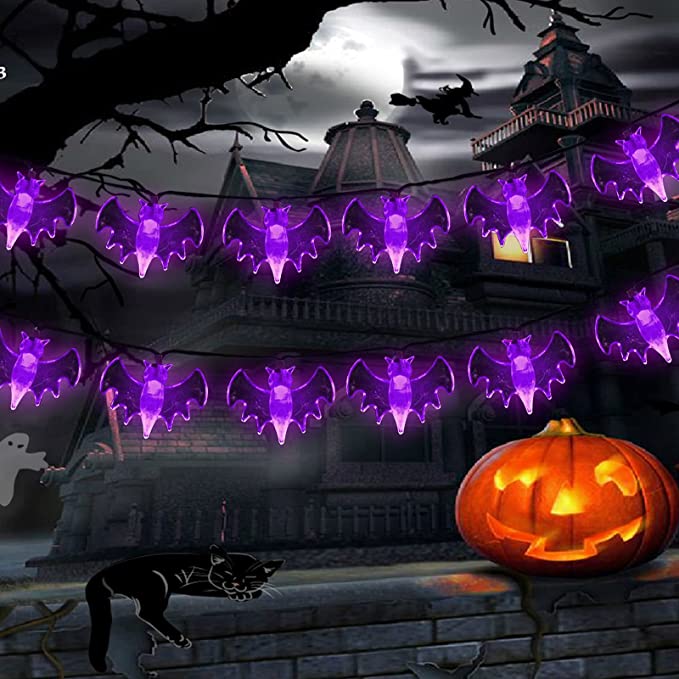 Photo 1 of Ausein Halloween Decoration Bat String Lights, 2 Pcak Battery Operated Halloween Light, 9.8ft Total 40 LED Outdoor Decorative Lights for Halloween Christmas Decoration (Purple Light)