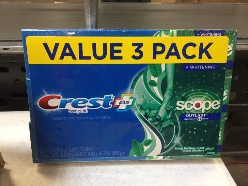 Photo 2 of Crest Plus Scope Outlast Complete Whitening Toothpaste, 5.4 oz 3 Pack