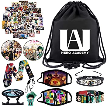 Photo 1 of YKLL My Hero Academia Gift Sets Including Drawstring Bag,Face Masks,Waterproof Stickers,Bracelets,Lanyard,Button Pins, Phone Ring Holder, Keychain for Anime MHA Fans, Style 1, Medium