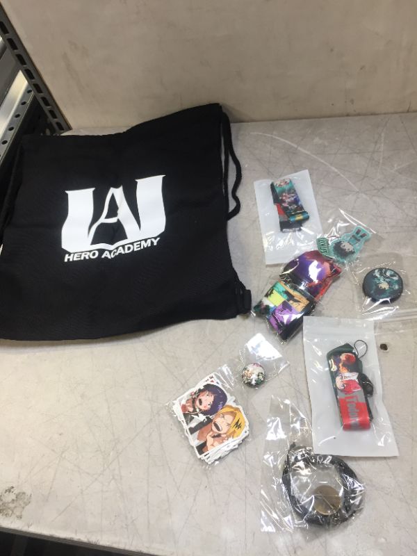 Photo 2 of YKLL My Hero Academia Gift Sets Including Drawstring Bag,Face Masks,Waterproof Stickers,Bracelets,Lanyard,Button Pins, Phone Ring Holder, Keychain for Anime MHA Fans, Style 1, Medium