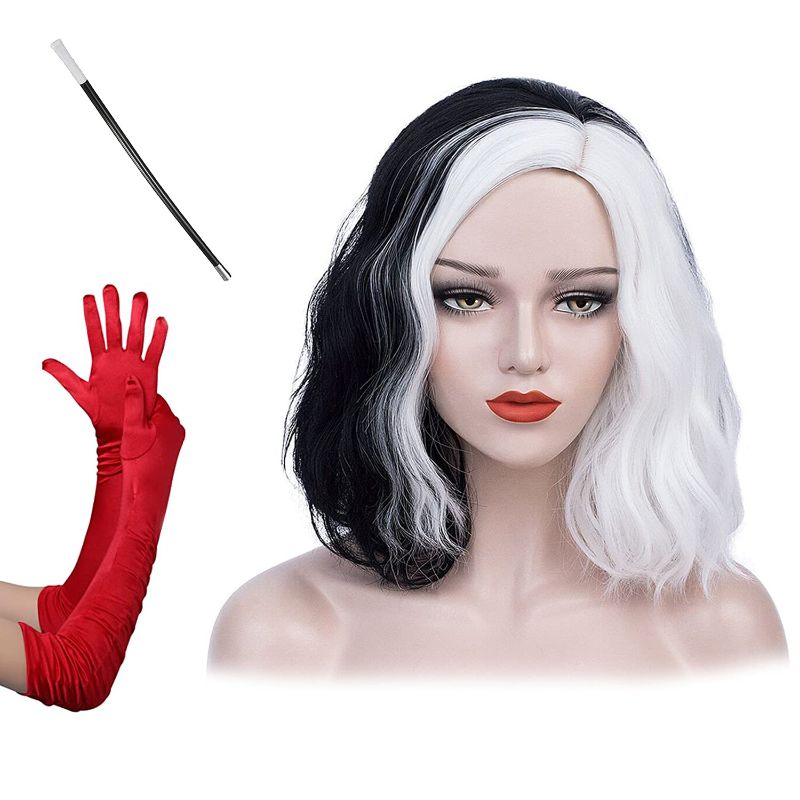 Photo 1 of Cruella wig for Halloween Women Costume Cosplay Black and White Wig with C-holder 1920s gloves Goth Wigs Short Curly Half White Half Black Wig Christmas Carnival Party …
