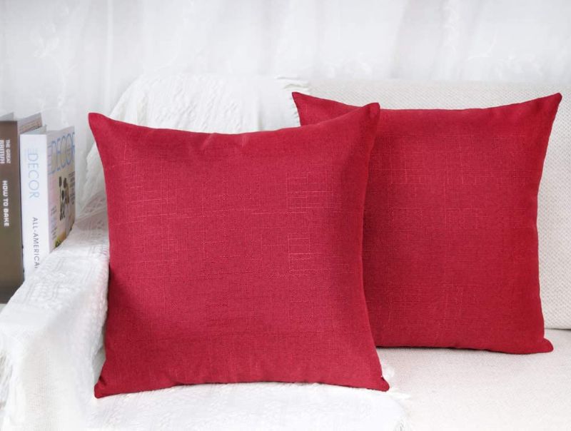 Photo 1 of 4TH Emotion Set of 2 Red Christmas Pillow Covers 16x16 Slub Textured Cotton Linen Throw Cushion Case for Couch Decoraions
