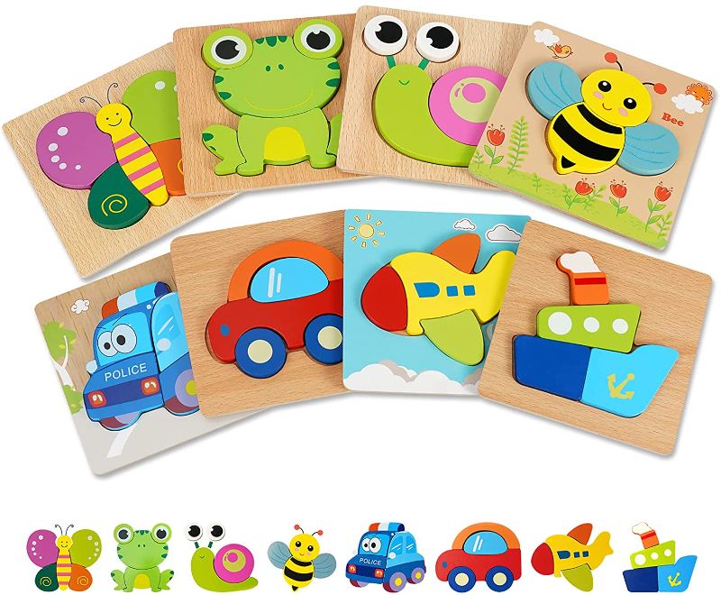Photo 1 of Mkpkic Wooden Jigsaw Puzzles Gifts Toys for Toddler 3+ Years Old Boys Girls Infant Kids Learning Educational Toys 8 Pack Animal Vehicle Shape Montessori Toys Christmas Birthday Gifts

