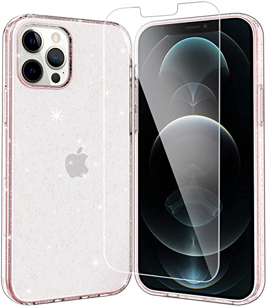 Photo 1 of (3 PACKS) EasyAcc Clear Case for iPhone 12/12 Pro with Screen Protector, Glitter Bling Sparkly Slim Phone Cases Shockproof Protective Hard PC Back with Soft TPU Bumper Cover for iPhone 6.1 2020-Pink
