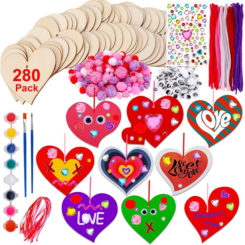 Photo 1 of Konsait Unfinished Wood Heart Ornaments Craft Kit, Assorted Paintable Wood Pipe Cleaners Set Pom-Poms Googly Eyes Hanging Embellishments Crafts for Mother's Day DIY Classroom Party Decoration
