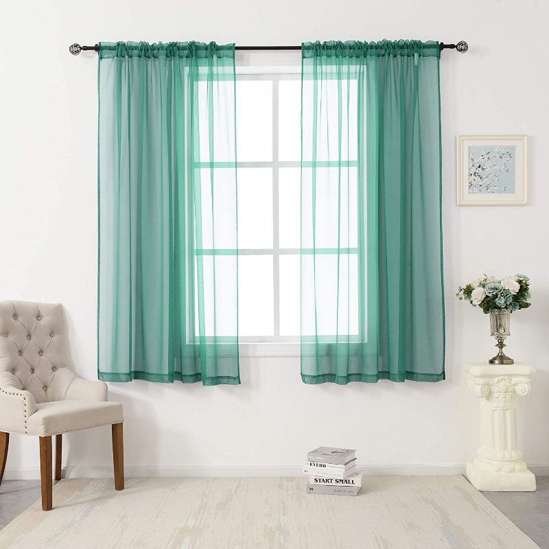 Photo 1 of 2 Panels Sheer Voile Curtains Draperies - Window Treatment Rod Pocket Light Filtering Curtains Drapes Panels for Bedroom Living Room Party Backdrop, Teal Green Turquoise, 52in x 63in
