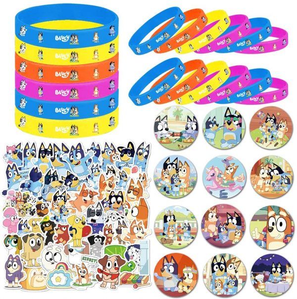 Photo 1 of Bluey Party Favor, 74 Pack Bluey Birthday Party Supplies Set Include 12 Bracelets, 12 Button Pins, 50 Stickers for Bluey Party Decorations
