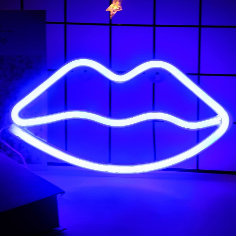 Photo 1 of Lip Neon Sign Blue LED Lips Neon Sign for Girls Room Decor Kiss Neon Light Sign Art Wall Decor Lip Neon Lights for Baby Girls Kids Room Lip Neon Signs for Gifts Bar Wedding Party Christmas Decoration
