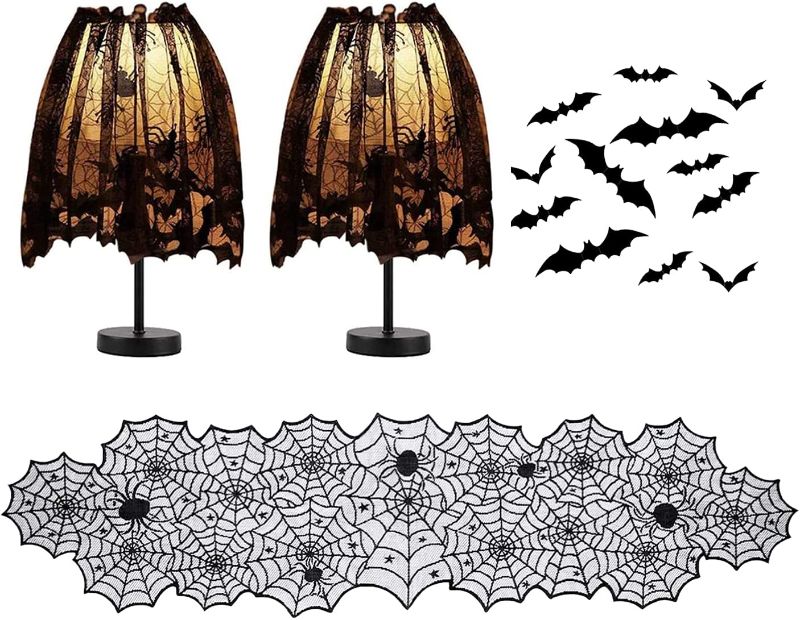 Photo 1 of 3 Pack Halloween Lamp Shade Cover Decoration, Black Lace Ribbon Spider Web Lampshades Cover Topper Scarf for Festive Party Indoor Decor Supplies, 20 X 60 inch Spiderweb Lamp Shade Cover - 3 PACK 
