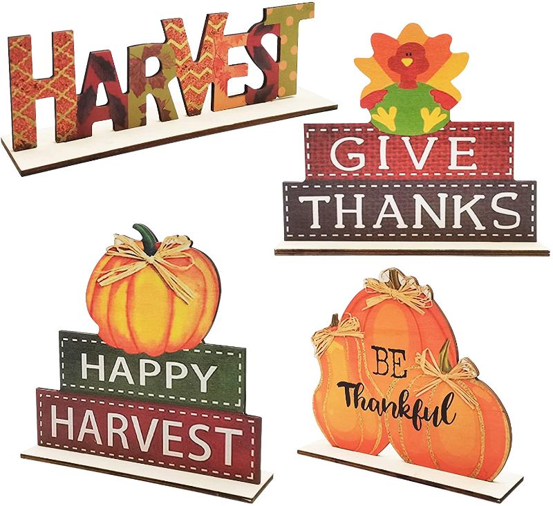 Photo 1 of 4 Pieces Thanksgiving Sign Wooden Table Decorations, Happy Pumpkin Turkey Decor Table Centerpiece for Dinner, Party, Wooden Fall Thankgiving Table Top Signs Home Decoration for Harvest Give Thanks
