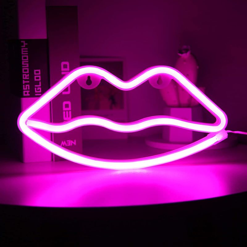 Photo 1 of Momkids Lips Neon Lights for Room Decor Pink Neon Sign Romantic Kids Night Light Plug in USB/Battery Powered Decorative Light Led Sign for Home Living Room Bedroom Birthday Gifts Christmas Lights
