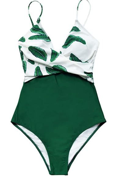 Photo 1 of CUPSHE Women's Banana Leaf Beachwear Twist Front V Neck One Piece Swimsuit - MEDIUM 
