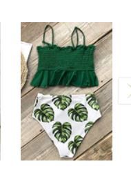 Photo 1 of CUPSHE Women's Smocked Green and Monstera Ruffled High Waisted Bikini, L
