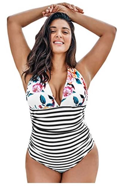 Photo 1 of CUPSHE Plus Size Floral Striped Swimsuit - LARGE 
