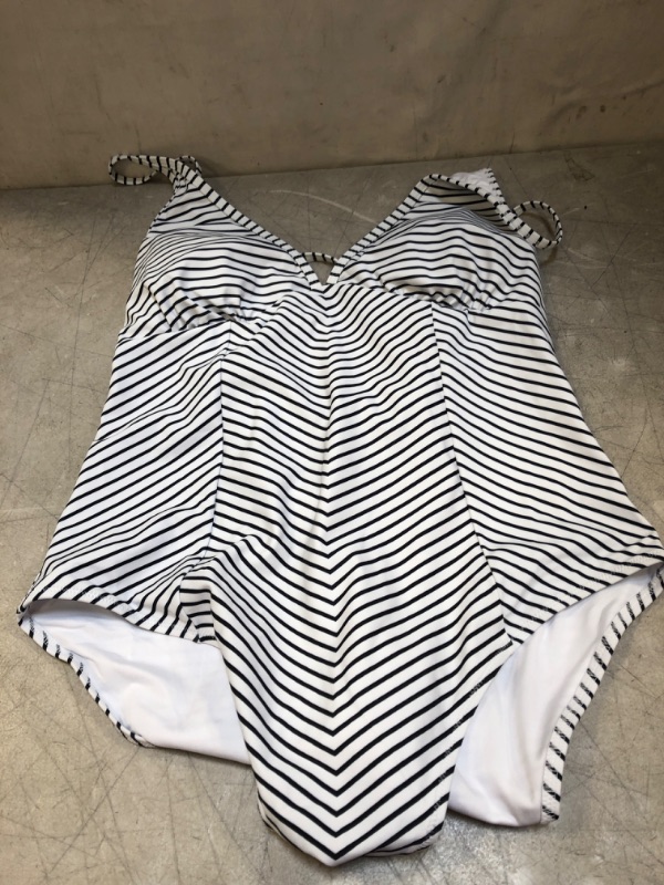 Photo 2 of CUPSHE Women's Black White Stripe Crisscross V Neck One Piece Swimsuit - XL
