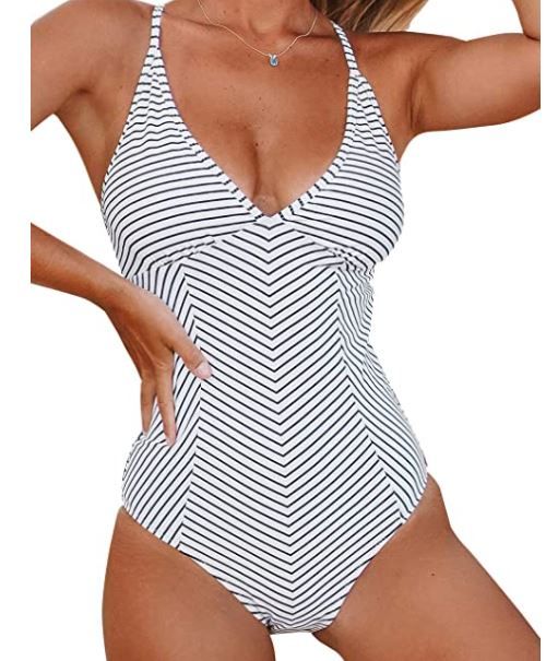 Photo 1 of CUPSHE Women's Black White Stripe Crisscross V Neck One Piece Swimsuit - XL
