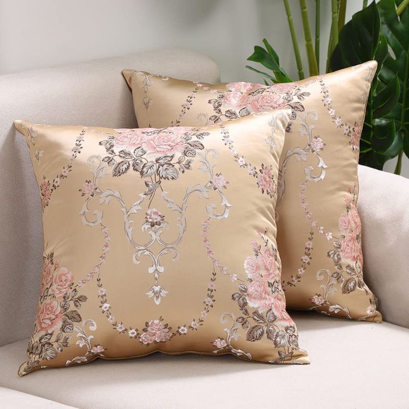 Photo 1 of Btyrle Velour Decorative Fall Throw Pillow Covers 18x18 Inch Set of 2 Square Floral Pillowcases Jacquard Cushion Covers for Sofa Couch, Coffee
