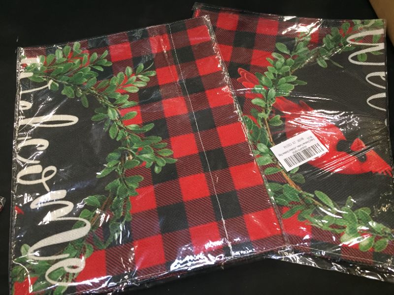 Photo 1 of Christmas Garden Flags 12x18 Double Sided, Wreath Welcome Christmas Flag with Red Bow, Rustic Farmhouse Winter Garden Flag for Holiday Home Outdoor Christmas Decorations 2 PACK (POLE NOT INCLUDED)