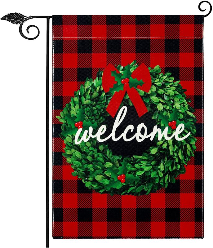 Photo 1 of Christmas Garden Flags 12x18 Double Sided, Wreath Welcome Christmas Flag with Red Bow, Rustic Farmhouse Winter Garden Flag for Holiday Home Outdoor Christmas Decorations 2 PACK (POLE NOT INCLUDED)