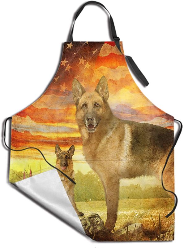 Photo 1 of DZGlobal German Shepherd Printed Apron - Waterproof American Flag Unisex Kitchen Bib with Adjustable Neck for Cooking Gardening Adult Size Multicolor
