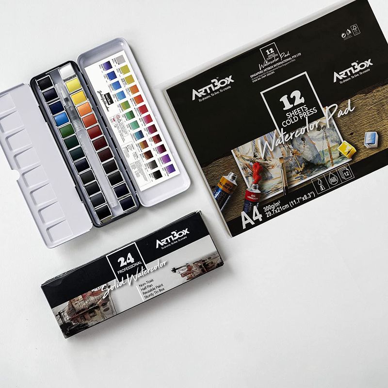 Photo 1 of 24 Watercolor Paint Set by Artibox - Water Squeeze Brush - 12 Watercolor Sheets - Half Pans Colors - Art Supplies
