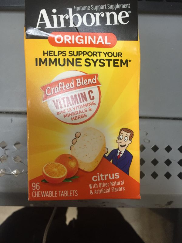 Photo 1 of Airborne 1000mg Vitamin C Chewable Tablets with Zinc, Immune Support Supplement with Powerful Antioxidants Vitamins A C & E - (96 count bottle), Citrus Flavor, Gluten-Free Exp 3.22
