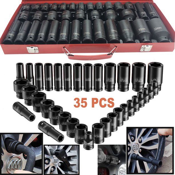 Photo 1 of 35pcs Deep Impact Socket Set 1/2" Drive Metric 8-32mm 6 Point Cr-V Steel Heavy Duty Portable Socket Set with Storage Case