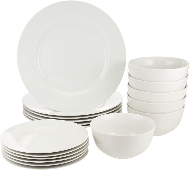 Photo 1 of Amazon Basics 18-Piece Kitchen Dinnerware Set, Plates, Dishes, Bowls, Service for 6 - White
